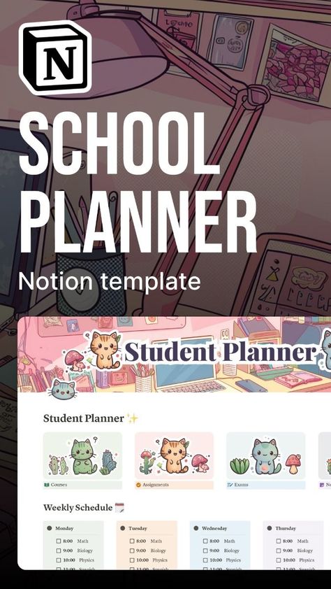 OMG!  This adorable Notion school planner template is my new obsession! 😍  It's so cute with the little kitties and cacti, and the weekly schedule makes planning my classes (Math, Biology, Physics –eek!) a breeze.  This Notion student planner template is a total game-changer for staying organized.  It's perfect for back to school and helps me keep track of all my assignments and exams.  Save this Pin for easy access to your own stress-free semester! ✨ #NotionTemplate #StudentPlanner #SchoolPlanner #StudyPlanner #BackToSchool #Organization #Notion #CutePlanner #WeeklyPlanner #Studygram Notion School Planner Template, Free Notion Student Template, Notion Student Dashboard, Student Planner Ideas, Notion School Templates, Notion Student Template, Notion App Template, Notion School Planner, Notion For Students