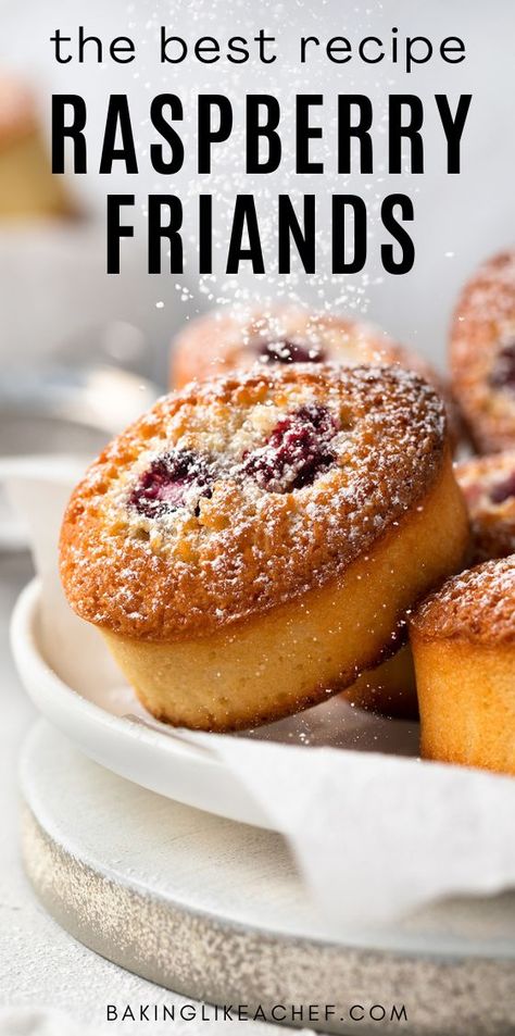 Raspberry friands dusted with icing sugar on a dessert plate. Raspberry Friands Recipe, Friands Recipe Almond, Friand Recipes, Leftover Egg Whites Recipes, Fresh Raspberry Desserts, Friands Recipe, Egg White Recipes, Quick Baking, Afternoon Tea Cakes