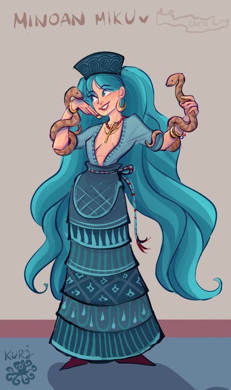 minoan hatsune miku holding snakes based on snake godess figurine from knossos, crete. A part of brasilian miku trend / country miku / international miku trend. Minoan culture is also a part of cretan and ancient greek culture.

art by kurj / the_kurj Miku Versions, Miku Designs, Ancient Greek Culture, Minoan Art, Anna May, Miku Hatsune Vocaloid, Artic Monkeys, Greek Culture, Digital Art Beginner