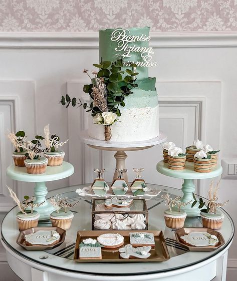 Promise cake🤍 • • #cake #cakedesign #promise #promisecake #promessa #cakeart #cakesofinstagram | Instagram Sage Green Sweets Table, Sage Green Baby Shower Dessert Table, Quince Dessert Table Ideas, Mint Green Quince, Sage Green Dessert Table, Quince Dessert Table, Cake Table Decorations Birthday, Wedding Dessert Table Decor, Bridal Shower Desserts Table