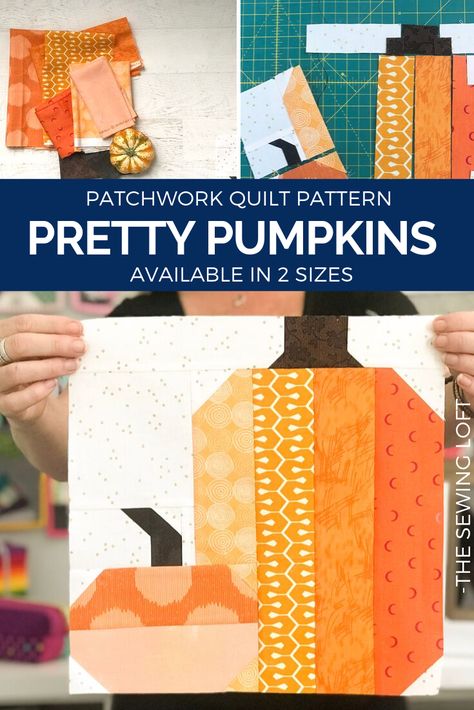 The simple patchwork construction of the Pretty Pumpkins quilt block makes it perfect for for quilters to play with their scraps. #fallquilt #quiltblock #blocks2quilt #learntoquilt Scrappy Pumpkin Quilt Block, Fall Quilt Ideas, Fall Quilt Patterns Free, Pumpkin Quilt Block Free Pattern, Pumpkin Quilt Block, Pumpkin Quilts, Block Quilting Designs, Pumpkin Quilt Pattern, Pumpkin Quilt