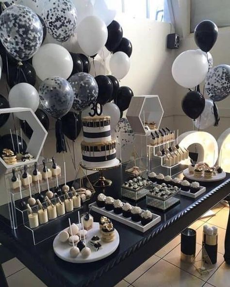 Black And Silver Birthday Table Decor, 18th Birthday Party Snack Table, Straight Outta My Twenties Party Decor, 30th Birthday Snack Table, 30th Birthday Party At Home, Dessert Table Ideas Birthday Men, Party Favor Table Ideas, Male 60th Birthday Party Ideas For Men, 18th Birthday Party Ideas For Boys Theme