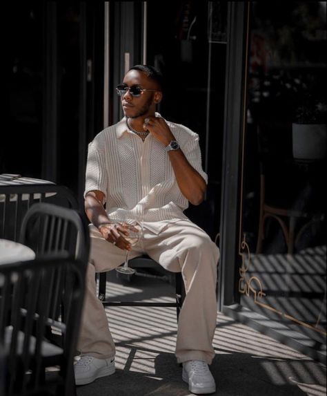 Men France Outfit, Classy Male Aesthetic, Classy Dress Outfits Men, Old Money Outfits For Black Guys, Men’s Vacation Fits, Collard Shirt Outfits Men Casual, European Mens Fashion Street Style, Tan Shirt Outfit Men, Classy Street Style Men