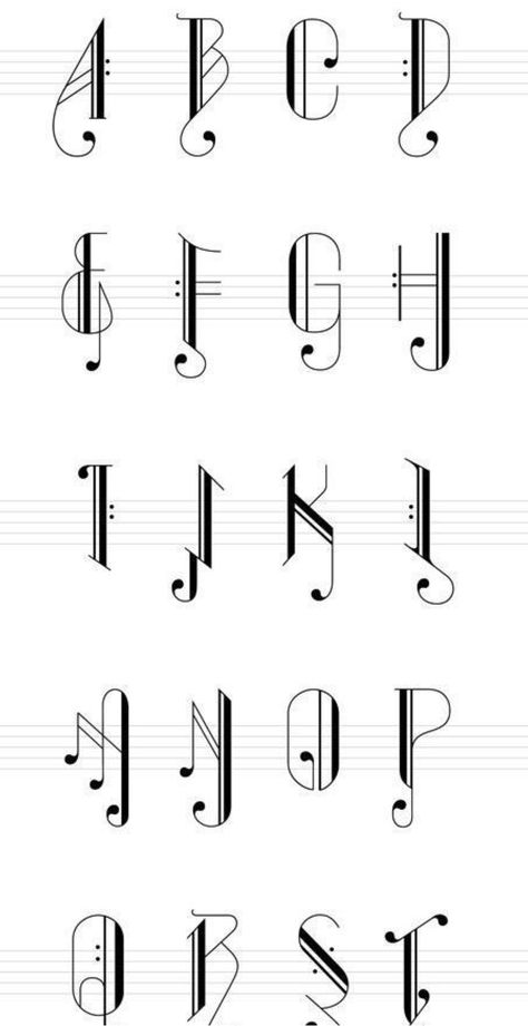 Music In Calligraphy, Alphabet Calligraphy Fonts, Font Drawing Ideas, Abstract Lettering, Music Lettering, Music Font, Creative Lettering Art, Different Fonts Styles Alphabet, Hand Lettering Alphabet Fonts