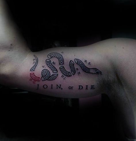 Join Or Die Tattoo, Inside Of Arm Tattoo, Inner Bicep Tattoo, Patriotic Tattoos, Inner Forearm Tattoo, Military Tattoos, Forearm Tattoo Design, Flag Tattoo, Bicep Tattoo