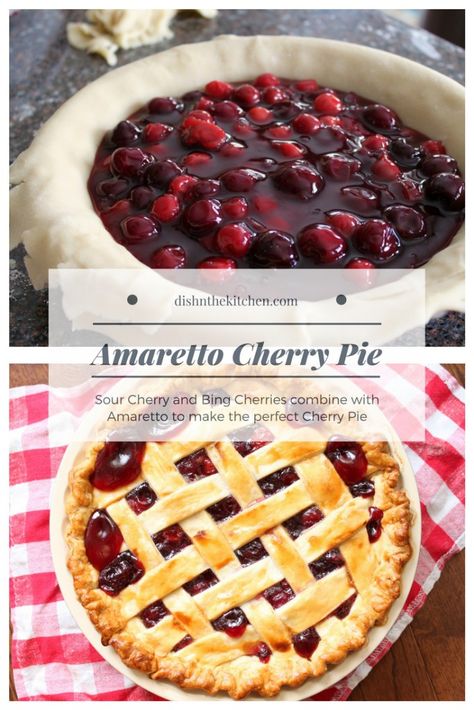 Amaretto Cherry Pie is a baked up boozy concoction of sweet Evans and sour Bing Cherries with the Almond flavours of Amaretto. #cherrypie #pie #cookingwithbooze Sour Cherry Pie, Cherry Pie Recipe, Sour Cherries, Canning Cherry Pie Filling, Sliced Strawberries, Bing Cherries, Rhubarb Jam, Raspberry Pie, Frozen Pie