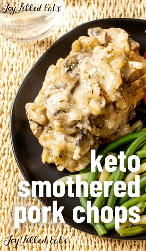 Tender Baked Pork Chops, Smothered Pork Chops Crock Pot, Trim Healthy Mama Recipes Dinner, Smothered Pork Chops Recipe, Caramelized Onions And Mushrooms, Keto Pork, Mushroom Pork Chops, Low Carb Pork, Smothered Pork