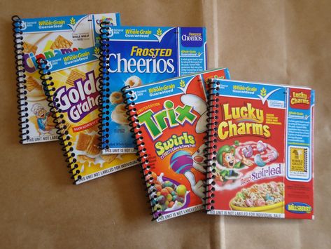 small cereal box sketchbooks Upcycle Boxes, Cereal Box Craft, Handmade Sketchbook, Cereal Boxes, Recycled Gifts, Cardboard Packaging, Recycled Art, Upcycled Crafts, Handmade Books