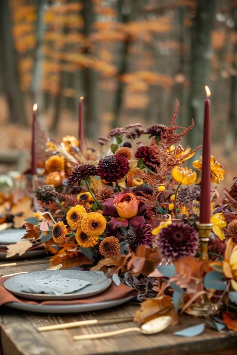 Discover the charm of autumn weddings with centerpieces that celebrate the season's warmth 🍁✨. Infuse your special day with the coziness of fall, featuring shades of burnt orange, deep burgundy, and golden yellow in elegant displays. Perfect for couples who love the natural beauty of fall! #FallWedding #WeddingInspiration #AutumnColors #WeddingDecor #CenterpieceIdeas #TableDecor #WeddingPlanning #AutumnWedding Burnt Orange And Plum Wedding, Orange And Plum Wedding, Fantasy Birthday, Bouquets Ideas, Rusting Wedding, Color Palette Inspiration, Burnt Orange Weddings, Autumn Weddings, Plum Wedding