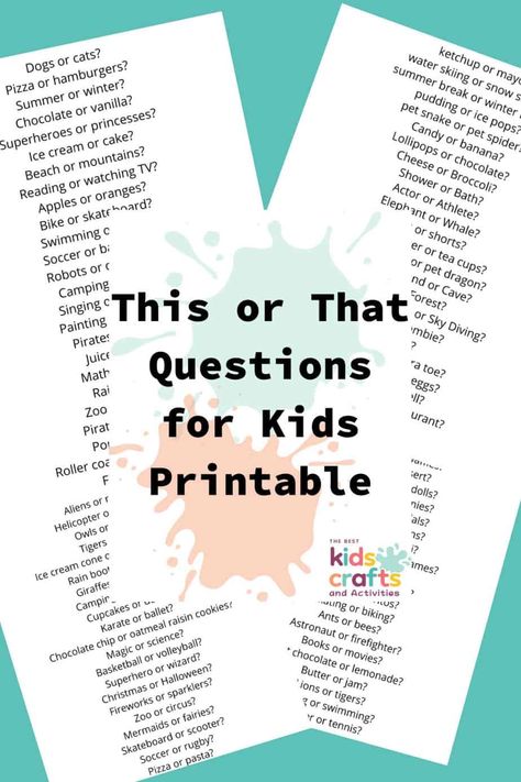 Introducing kids to the exciting world of decision-making and friendly debates, “This or That” questions are a perfect way to engage their The post 125 This or That Questions for Kids + Free Printable appeared first on The Best Kids Crafts and Activities. Icebreakers For Kids, Quizzes For Kids, Word Games For Kids, Questions For Kids, Finish The Lyrics, Kids Questions, Get To Know You Activities, Youth Work, Questions For Friends