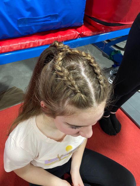 Taekwondo Hairstyles, Braids Into A Ponytail, Gymnastics Meet Hair, Dance Competition Hair, Two Dutch Braids, Taekwondo Girl, Competition Hair, Gymnastics Hair, Gymnastics Competition