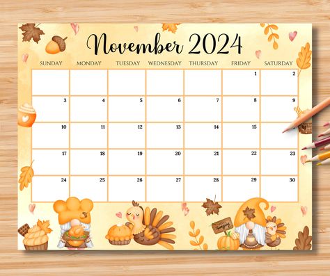 November 2024 Calendar, November Planner, Turkey Printable, Monthly Calendar Planner, Thanksgiving Planner, Kalender Design, Free Calendar Template, November Calendar, Cute Gnomes