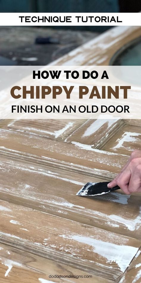 Get a chippy paint finish when using this technique without all the flaking of an authentic aged paint. This old door never looked better... try this DIY now!  #chippypaint #chippypainttechnique #tutorial #diyfarmhouse #diyprojects Restore Old Doors, How To Chippy Paint Diy, How To Make A Door Look Antique, Pantry Door Makeover, Farmhouse Style Pantry, Chippy Paint Technique, Distressed Doors, Vintage Furniture Makeover, Old Wood Doors