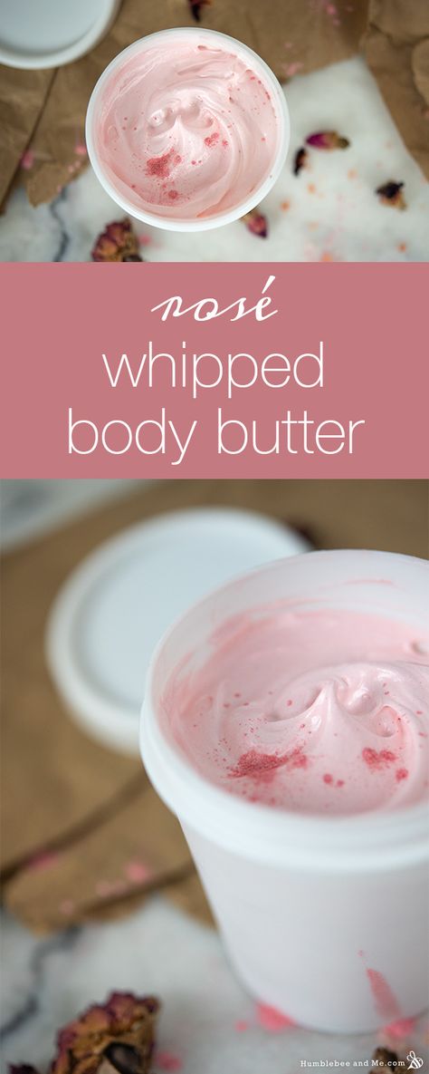 I am straight-up smitten with the whippy texture and skin feel of this Rosé Whipped Body Butter. It’s fluffy and rich (like marshmallow fluff!) in the jar, but starts to melt quickly on skin contact. It glides across the skin … Continue reading → Rose Body Butter Diy, Rose Body Butter Recipe, Whipped Body Cream Recipe, Oriflame Body Cream, Cocoa Butter Recipes, Body Cream Packaging, Body Cream Photography, Diy Body Cream, Body Cream Recipe