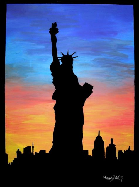 New York Canvas Painting, New York Painting Easy, New York Drawings, Drawing New York, Painting On Canvas For Beginners, New York Painting, Canvas For Beginners, Silhouette Painting, Oil Pastel Paintings