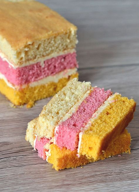 Angel Cake. The classic layer sponge loaf. Pink, yellow and plain, sandwiched together with buttercream. Angel Cake Recipes, Tray Bake Cakes, Easy Bakes, Loaf Cake Recipes, Loaf Cakes, Slice Of Cake, Sponge Cake Recipes, Angel Cake, Beautiful Birthday Cakes