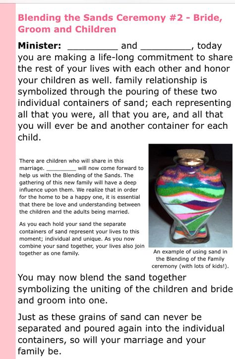 Template for unity sand and blended family Unity Sand Ceremony With Kids, Blended Family Sand Ceremony Script, Blended Family Wedding Ceremony, Blended Family Sand Ceremony, Blended Family Photos, Fall Wedding Ceremony Decorations, Ceremony Template, Script Template, Blended Family Wedding