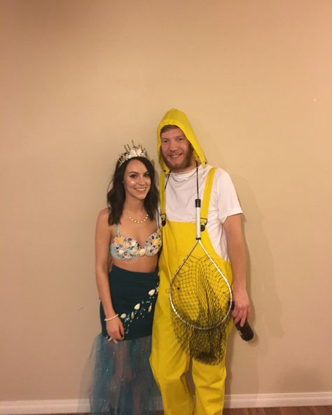 Mermaid and Fisherman Halloween Couple Costume Fish Halloween Costume Women, Fisherman Halloween Costume, Mermaid Couple Costume, Mermaid And Fisherman, Fisherman Costume, Hot Halloween Costumes Women, Fisherman Outfit, Halloween Couple Costume, Halloween Couple