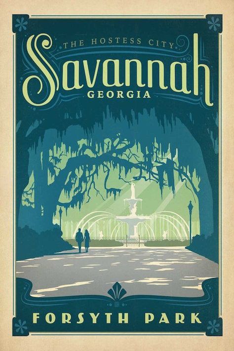 Savannah Georgia Forsyth Park Fountain Hostess City Gaston Anderson Design Group, Forsyth Park, Poster Advertising, Postal Vintage, Retro Travel Poster, States In America, American Travel, National Park Posters, Savannah Georgia