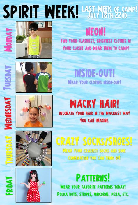 Last Week of Camp = Spirit Week! — Art Trek Spirit Week Ideas For Preschoolers, Prek Spirit Week Ideas, Spirit Day Themes Elementary, Spirit Week Themes Preschool, Christian School Spirit Week Ideas, Theme Dress Up Days Spirit Weeks, Summer Dress Up Days For School, End Of Year Spirit Week Ideas, Spirit Week For Preschool