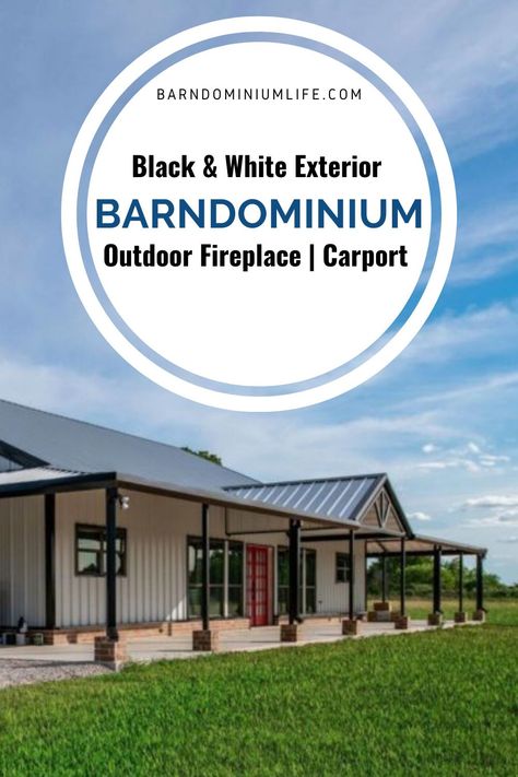 White Barndominium With Black Trim, White Metal House With Black Trim, White Barndominium Black Trim, White Metal Building With Black Trim, Barndo Exterior Ideas, Black And White Metal House, Black And White Barndominium Exterior, Black And White Barndominium, Metal Home Interior