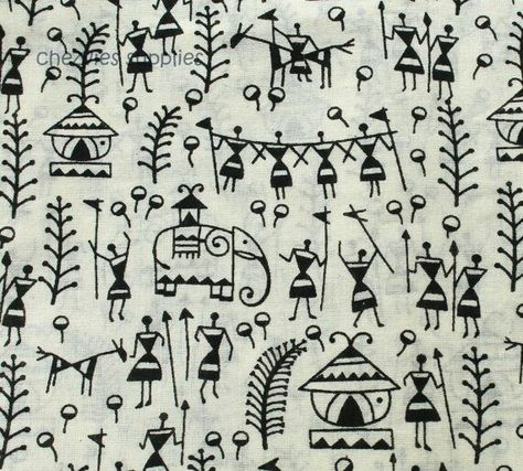 Warli print fabric Paintings Black And White, Warli Paintings, Petroglyphs Art, Worli Painting, Warli Painting, Warli Art, Fabric Painting Techniques, Madhubani Art, Indian Folk Art