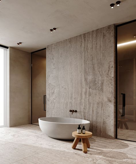 Unpacking the Elements of Successful Beige Interiors Wabi Sabi Luxury Interior Design, Luxury Wabi Sabi Interior, Bottega Caliza Bathroom, Luxury Villa Design Interiors, Wabi Sabi Interior Bathroom, Beige Bathtub, Minimalist Bathtub, Wabi Sabi Bathroom Inspiration, Modern Minimalist House Interior