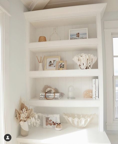 Katrina Scott Styled Shelves, Katrina Scott, Modern Beach Decor, Shelf Decor Living Room, Dressing Room Closet, Shelves Kitchen, Coastal Room, Millennial Mom, Chic Spaces