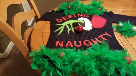 My Ugly Christmas Sweater. The Grinch Grinch Sweater Diy, Grinch Ugly Sweater Diy, Grinch Ugly Christmas Sweater Diy, Down Ponytail, Homemade Ugly Christmas Sweater, Grinch Ugly Christmas Sweater, Ugly Christmas Sweater Diy Funny, Christmas Cubicle, Grinch Christmas Sweater