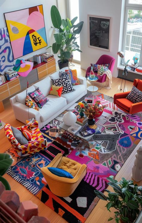 Pop Color Living Room, Vibrant Living Room Ideas Eclectic, Bright Rug Living Room, Color Pop Living Room, Modern Maximalist Interior Design, Eclectic Apartment Living Room, Funky Rugs Living Room, Cozy Colorful Living Room, Groovy Living Room