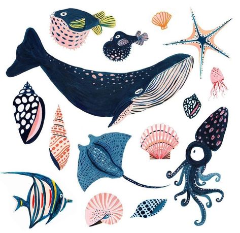 Illustration Sea Animals, Sea Life Prints, Sea Life Pattern, Sealife Illustrations, Sea Animals Photography, Sea Animals Illustration, Sea Creatures Illustration, Fishes Illustration, Sea Life Illustration