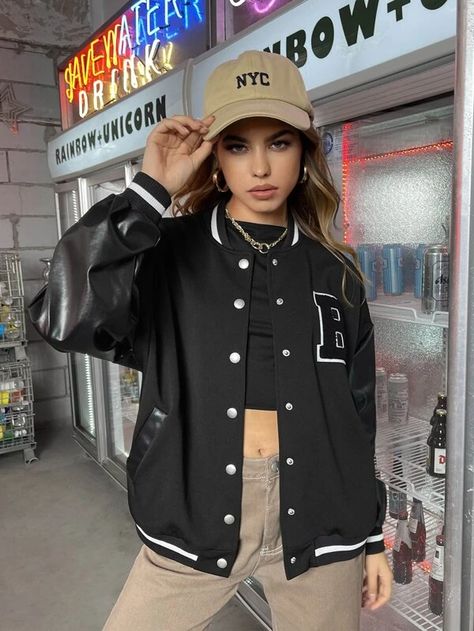 Patched Detail Striped Bomber Jacket for Sale Australia| New Collection Online| SHEIN Australia Senior Jackets, Varsity Jacket Women, College Jackets, Women Outerwear, Shein Outfits, Women Jackets, Outfits Casuales, Outerwear Women, Classy Outfits