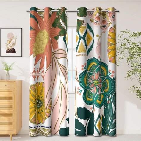 PRICES MAY VARY. ☀️️𝟭𝟬𝟬% 𝗙𝗨𝗟𝗟 𝗕𝗟𝗔𝗖𝗞𝗢𝗨𝗧 𝗖𝗨𝗥𝗧𝗔𝗜𝗡𝗦: The set includes 2 panels of bohemian flower blackout curtains （42 inches wide by 63 inches long each). Each panel has 6 grommets. The interior diameter of the hole is 1.6 inches. It's easy to hang. Curtains are made of 100% high quality polyester fabric. Bohemian-style blackout curtains featuring a rich and colorful botanical floral design offer an exquisite blend of functionality and decorative charm. 🚫𝗘𝗙𝗙𝗘𝗖𝗧𝗜𝗩𝗘 Boho Floral Curtains, Boho Curtains Living Room, Botanical Curtains, Bold Curtains, Curtains To Go, Blackout Curtains Living Room, Black Out Curtains, Boho Bed, Room Cooler