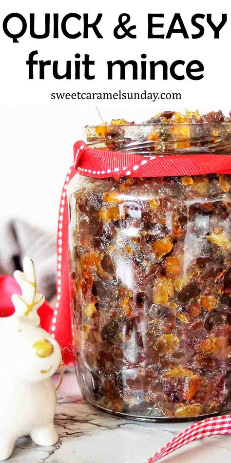 Fruit mince in large glass jar with red ribbon and reindeer figurine beside it on marble background. Fruit Cake With Rum, Fruit Cake Recipe With Rum, German Fruit Cake Recipe, Fruit Pie Filling Recipes, Fruit Mince Pies, Marmalade Jam, Festive Baking, Fruit Pie Filling, Mince Recipes