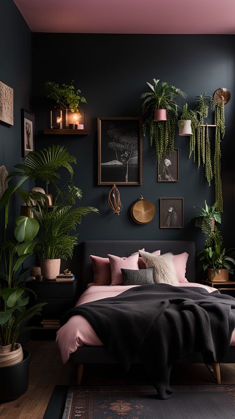 Light Pink Bedroom Aesthetic, Contrast Palette, Romantic Luxury, Dark Home Decor, Black Bedroom, Apartment Decor Inspiration, Pink Bedroom, Pink Room, Master Bedrooms Decor