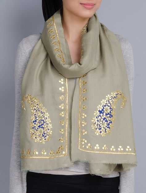 Buy Light Olive Cashmere Wool Gota Patti Hand Embellished Stole Scarves & Stoles Embroidered Online at Jaypore.com Scarves In Summer, Gota Patti Work, Stole Scarf, Work Online, Shirt Embroidery, Pashmina Shawl, Summer Scarves, Scarf Design, Kurta Designs