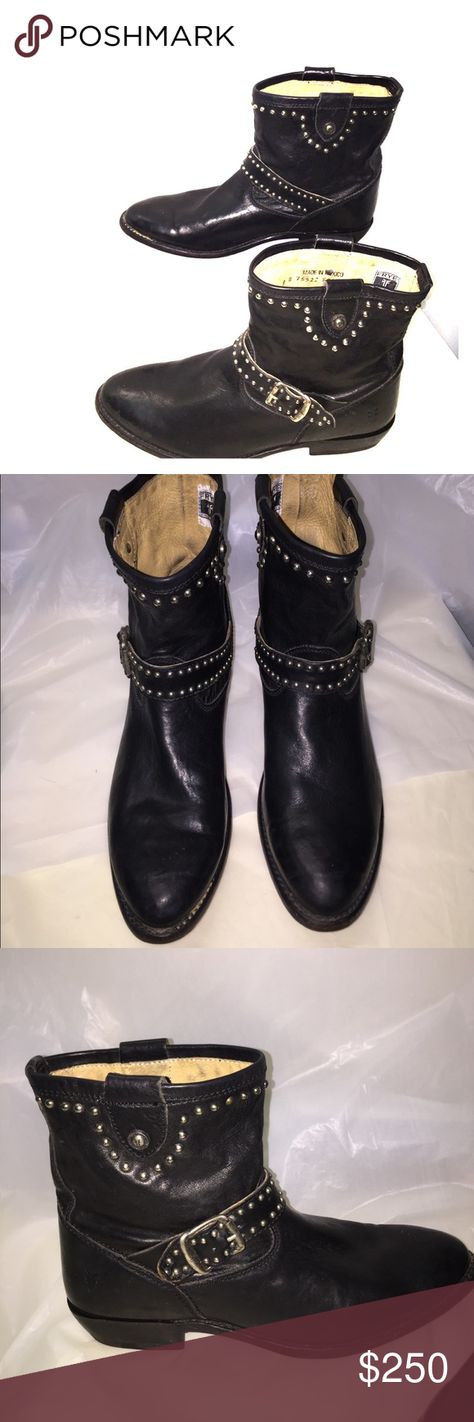 Fyre Harness Rare Black Leather  Boots Frye Harness Rare Black Boots with Silver Studs Belted Boots in excellent condition Frye Shoes Studded Belt, Frye Shoes, Miu Miu Ballet Flats, Black Leather Boots, Boot Shop, Silver Studs, Black Boots, Leather Boots, Black Silver