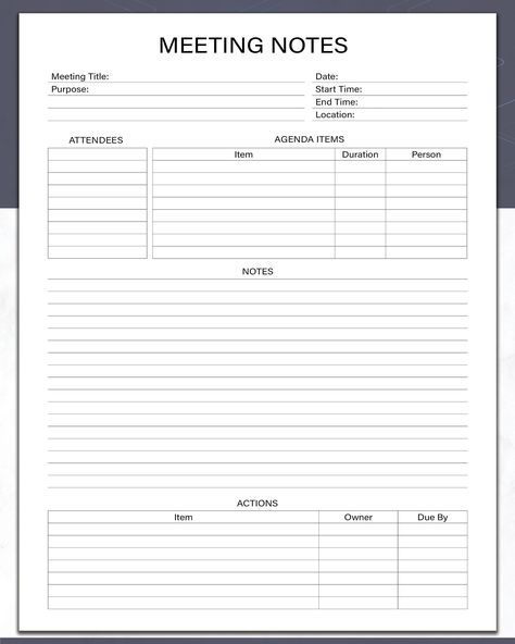 This printable meeting notes template is designed to help you organize and stay on top of all your meetings.  This meeting minutes and agenda aid can assist you in organising and conducting more effective meetings, either in person or online. Simply print out this pdf form and bring it to your meeting, to take your essential meeting notes and stay focused. This simple and easy to use note taking template helps you keep track of important discussions and outcomes for every meeting. It includes sections for recording the attendees and subject items. Along with a meeting agenda planner, and actions to take away.   This simple and easy to use meeting notes template can help you get ready, and plan for that urgent meeting, as well as take meeting simple minutes. Download today and start making Notes Template Printable, Meeting Notes Printable, Meeting Notes Template, Effective Meetings, Meeting Minutes, Meeting Agenda Template, Meeting Agenda, Life Binder, Small Business Advice