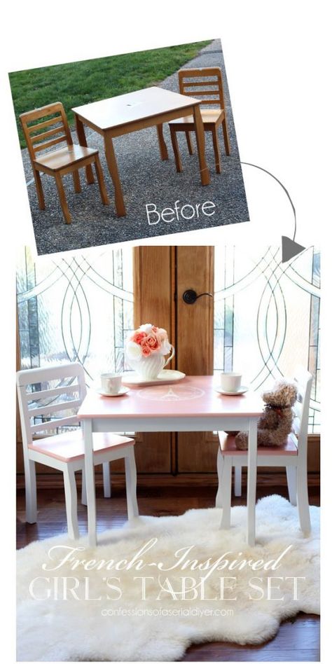 Child Table And Chairs, Kids Table Redo, Painted Kids Table, Paint Kids Table, Birmingham House, Refurbished Table, Children Table, Girls Furniture, Wooden Dining Room Chairs