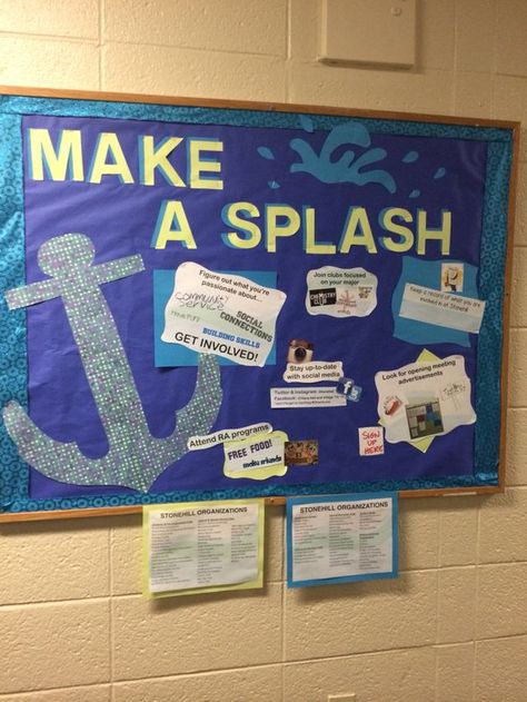 Make A Splash Bulletin Board Orientation Themes College, Welcoming Board, Ra Programs, Pta Bulletin Boards, Ocean Bulletin Board, Ra Inspiration, Resident Assistant Bulletin Boards, Dorm Themes, College Bulletin Boards