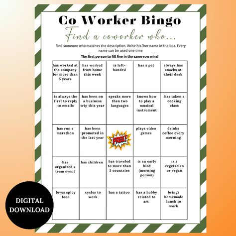 Coworker Bingo, Get to Know You, Employee Bingo, Ice Breaker Bingo, Find Someone Who, Workplace Bingo, Mix and Mingle, Human Bingo,Printable door MCGamesStore op Etsy Team Building Bingo, Bingo Ice Breaker, Office Bingo, Family Reunion Bingo, Ice Breaker Bingo, Ice Breaker Games For Adults, Human Bingo, Icebreaker Questions, Ice Breaker Questions