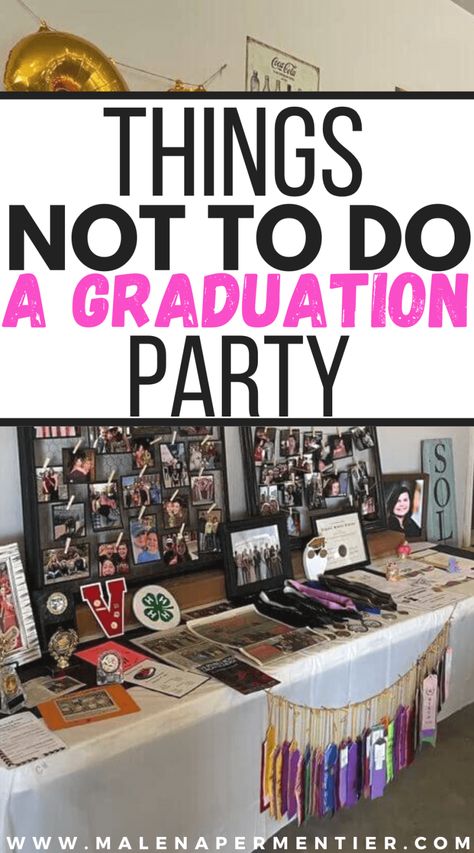 10 Things NOT To Do At Your Graduation Party (Like, Seriously Don't) Graduation Display Table, Graduation Party Ideas For Guys, Graduation Picture Display, Graduation Gift Table, Graduation Photo Boards, Graduation Picture Boards, Graduation Party Decor Ideas, Graduation Party Ideas Decorations, Graduation Party Guest Book