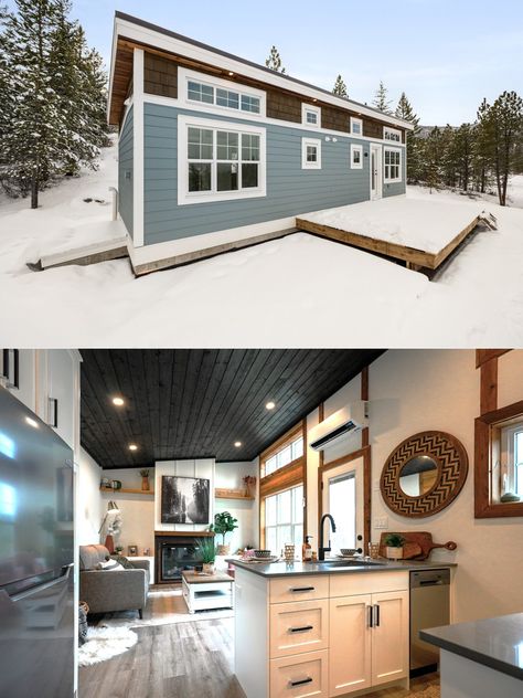 Light-Bathed Silvertip Tiny House Sleeps Four in Luxurious Cottage-Style Interior Slanted Roof House, Wooden Shingles, Slanted Roof, Cottage Style Interiors, Tiny House Exterior, Traditional Cottage, Big Bathroom, House Features, Big Bathrooms