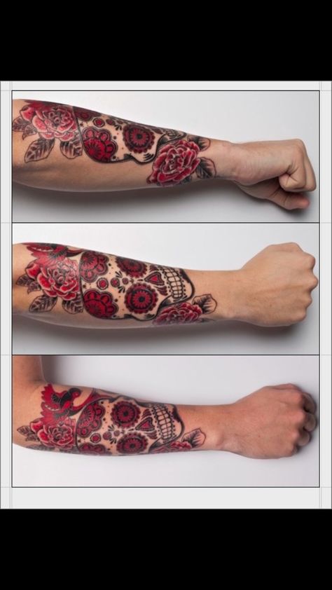 Skull Finger Tattoos, Mexican Tattoo, Tattoo Forearm, Sugar Skull Tattoos, Red Tattoos, Red Skull, Great Tattoos, Pattern Tattoo, Skull Tattoos