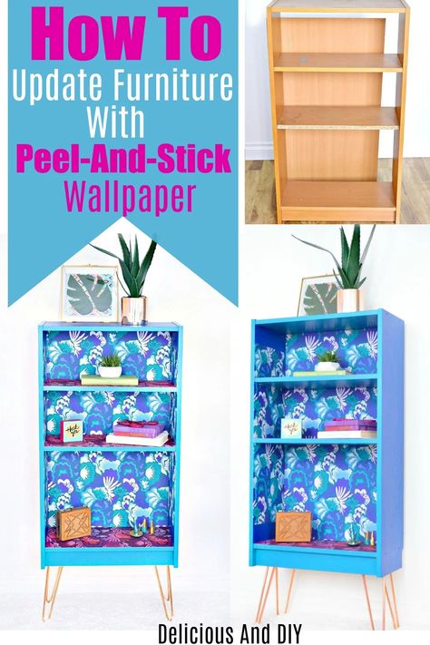 Learn how to easily Update a Bookshelf Using Peel And Stick Wallpaper.This a great DIY and budget friendly as Removable Wallpaper can be used for walls as well a to transform furniture pieces. #repurposed #hairpinlegs #thriftedtransformations #peelandstick Using Peel And Stick Wallpaper, Transform Furniture, Wallpaper Bookshelf, Bookshelf Makeover, Bookshelf Ideas, Book Furniture, Modern Bookshelf, Furniture Pieces, Wallpaper Ideas