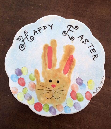 Easter bunny handprint ceramic tile trivet. Easter Crafts Preschool, Easter Crafts For Toddlers, Easter Paintings, Fun Easter Crafts, Easter Preschool, Easter Bunny Crafts, Footprint Art, Toddler Easter, Handprint Crafts