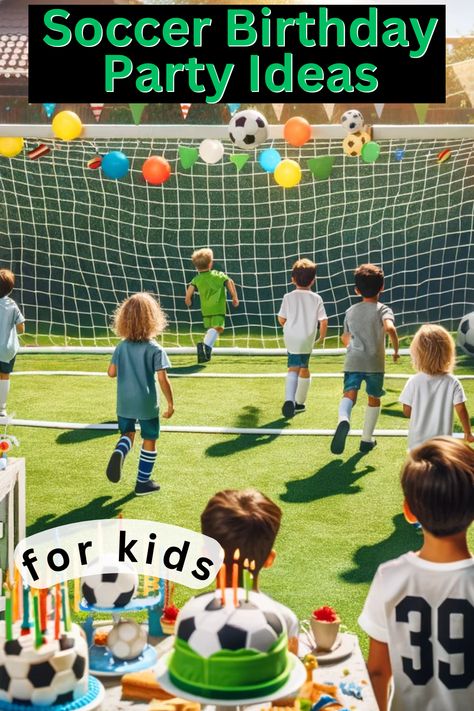 A pin about tips and ideas on how to host a soccer birthday party. Soccer Game Birthday Party, Games For Soccer Party, Soccer Birthday Party Activities, Soccer Party Games For Kids, Soccer Party Games Activities, Soccer Birthday Games, Soccer Birthday Party Games, White And Green Balloons, Soccer Party Games