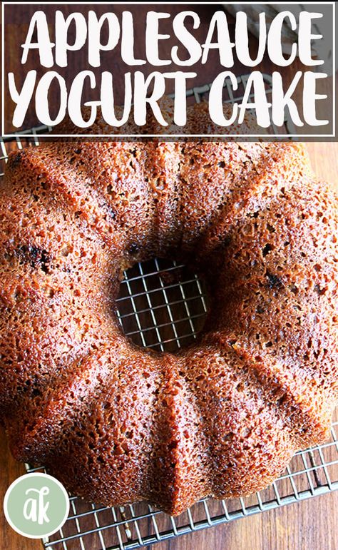 Applesauce-yogurt cake — a favorite! This cake takes no time to throw together, it's impossibly moist, and it's the kind of thing that can be enjoyed at any point in the day, early in the morning with coffee, later in the afternoon with tea. #applesauce #yogurt #cake #holiday #baking Applesauce Bundt Cake, Ricotta Pound Cake, Morning With Coffee, How To Make Applesauce, Peasant Bread, Butter Substitute, Cake Homemade, Applesauce Cake, Homemade Applesauce