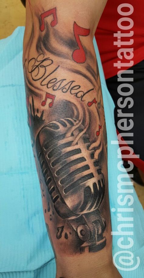 Music Forearm Tattoo Men, Music Neck Tattoo Men, Arm Tattoo Stencil For Men, Dream Chaser Tattoo For Men, Music Producer Tattoo, Dude Tattoos Ideas, Music Neck Tattoo, Music Sleeve Tattoo, Half Sleeve Ideas