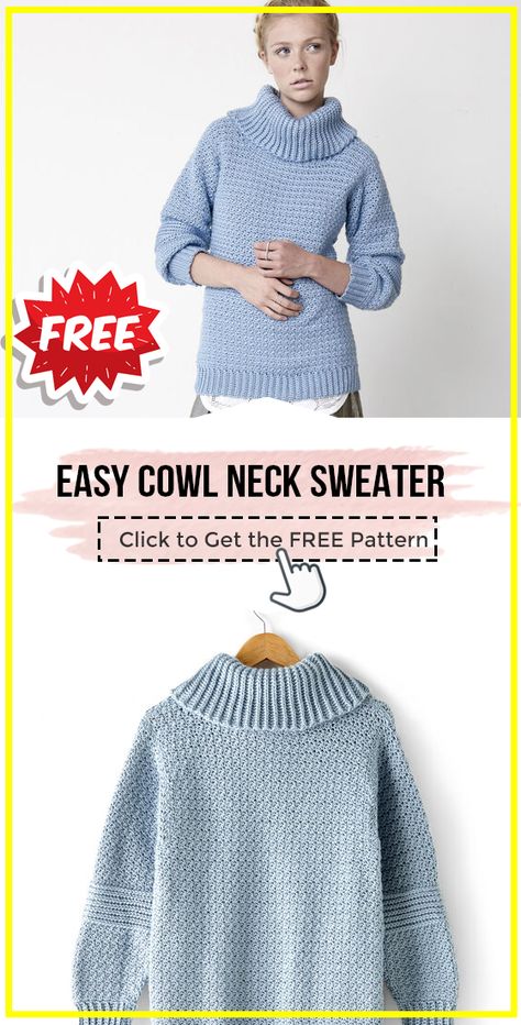 Crochet Cowl Neck Sweater Pattern, Crochet Turtleneck Sweater Pattern Free, Crochet Turtle Neck Sweater Pattern Free, Cowl Neck Sweater Pattern, Granny Squares Sweater, Sweater Free Pattern, Crochet Jackets, Crochet Garments, Crochet Sweater Pattern